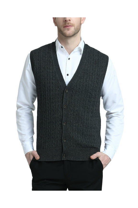 Men's Wool Blend Cable-Knit V Neck Sleeveless Cardigan Vest Sweater(Charcoal,2X-Large,Tall)