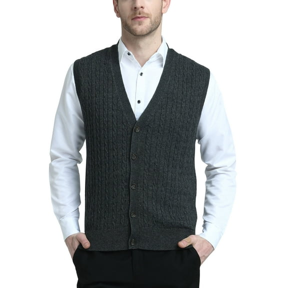 Kallspin Men's Wool Blend Cable-Knit V Neck Sleeveless Cardigan Vest Sweater(Charcoal,4X-Large)