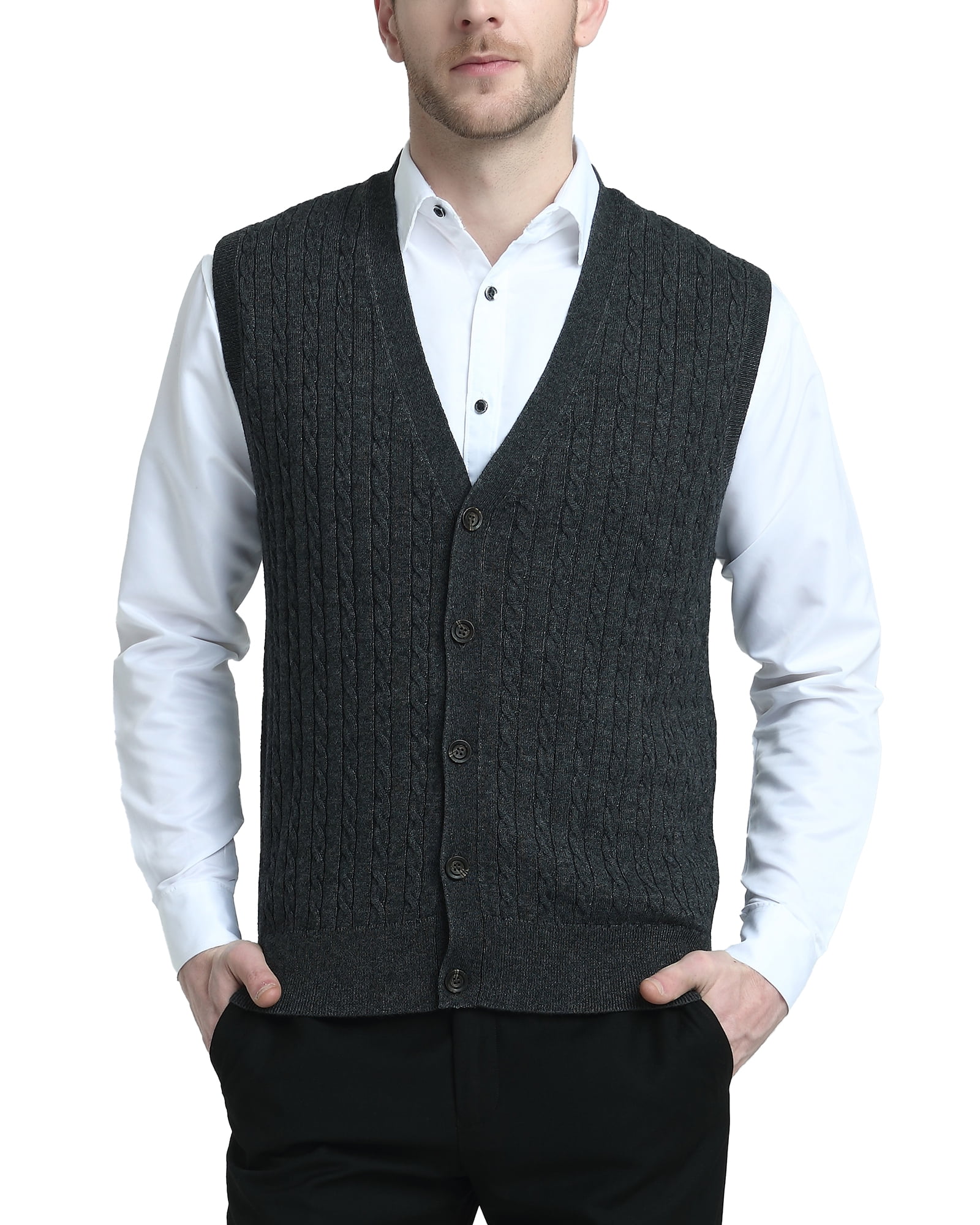 Men's Cable Knit Wool Blended Sweater Vest V Neck Relaxed Fit Sleeveless  Pullovers