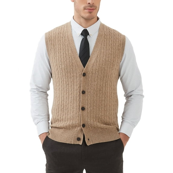 Kallspin Men's Wool Blend Cable-Knit V Neck Sleeveless Cardigan Vest Sweater(Coffee,Medium)