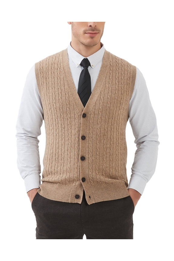 Men's Wool Blend Cable-Knit V Neck Sleeveless Cardigan Vest Sweater(Coffee,X-Large)