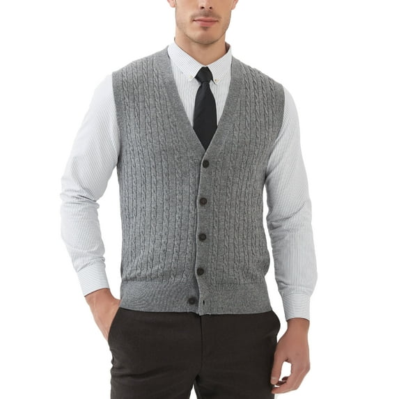 Kallspin Men's Wool Blend Cable-Knit V Neck Sleeveless Cardigan Vest Sweater(Light Gray,Large)