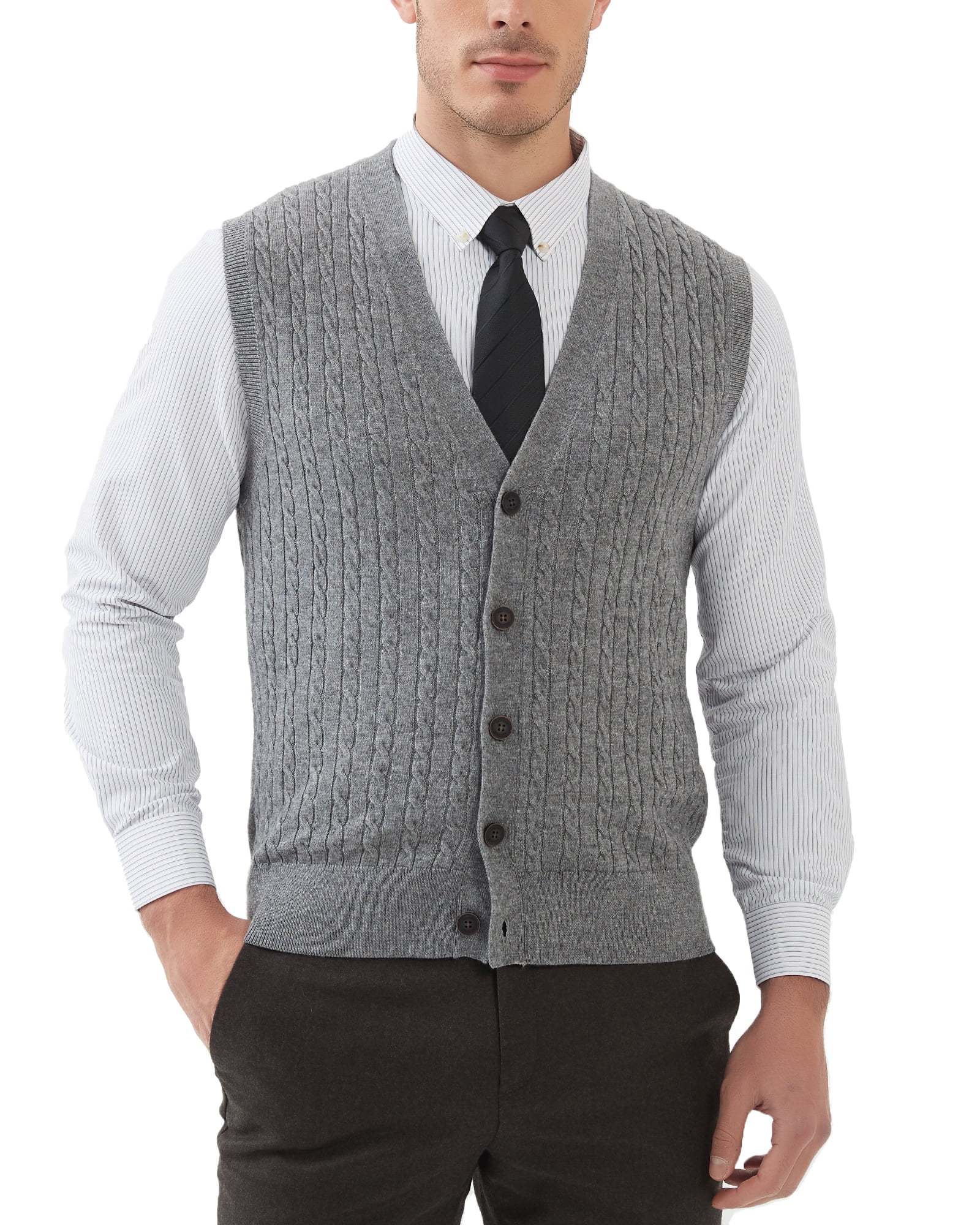 Kallspin Men s Wool Blend Cable Knit V Neck Sleeveless Cardigan Vest Sweater Light Gray Small