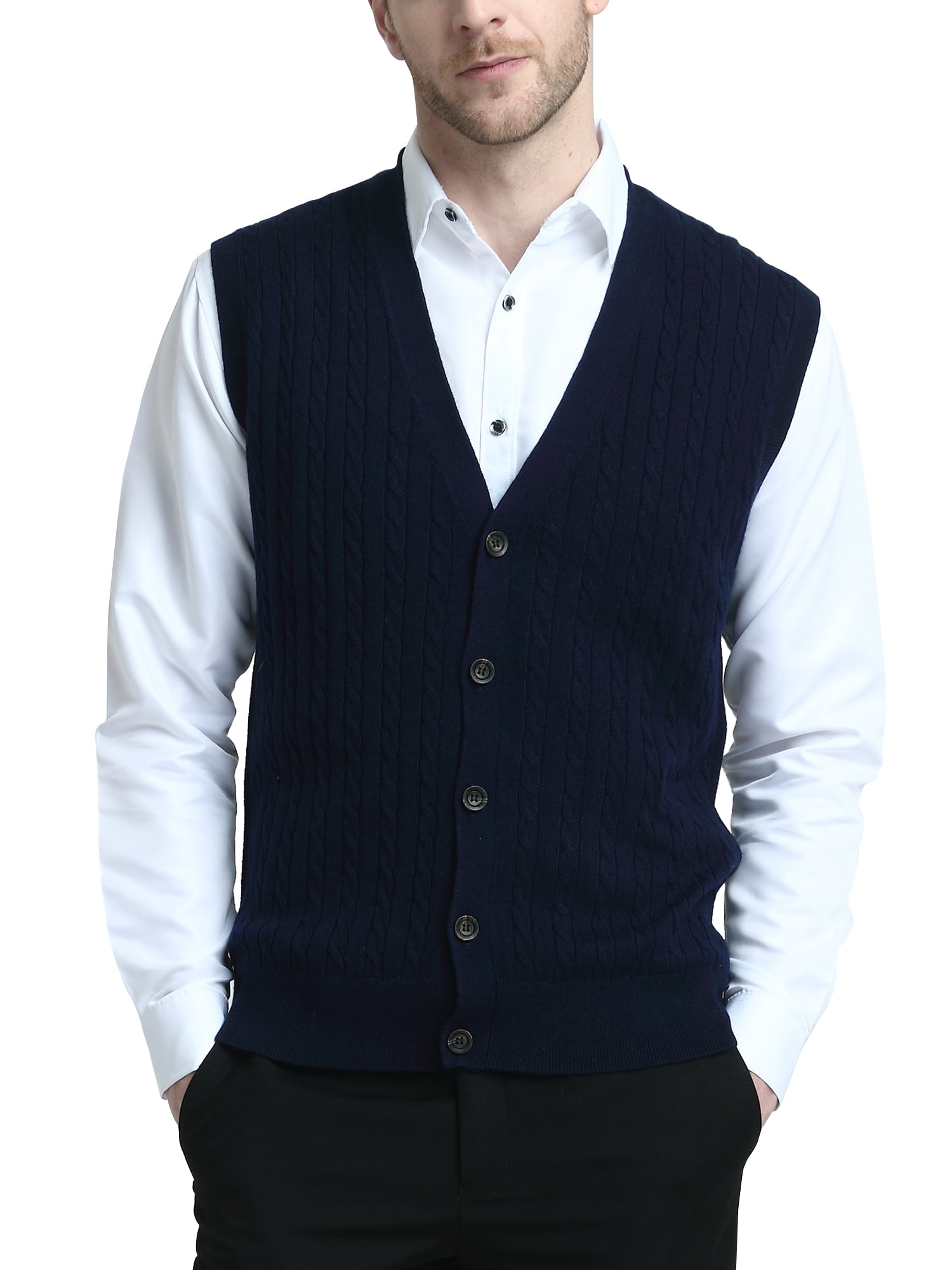 Kallspin Men's Wool Blend Cable-Knit V Neck Sleeveless Cardigan Vest ...