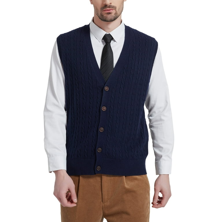 Kallspin Men s Wool Blend Cable Knit V Neck Sleeveless Cardigan Vest Sweater Navy Blue Medium