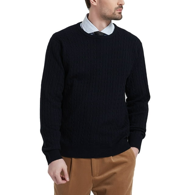 Kallspin Men’s Wool Blend Crew Neck Cable-Knit Pullover Sweaters (Black, 3X-Large)