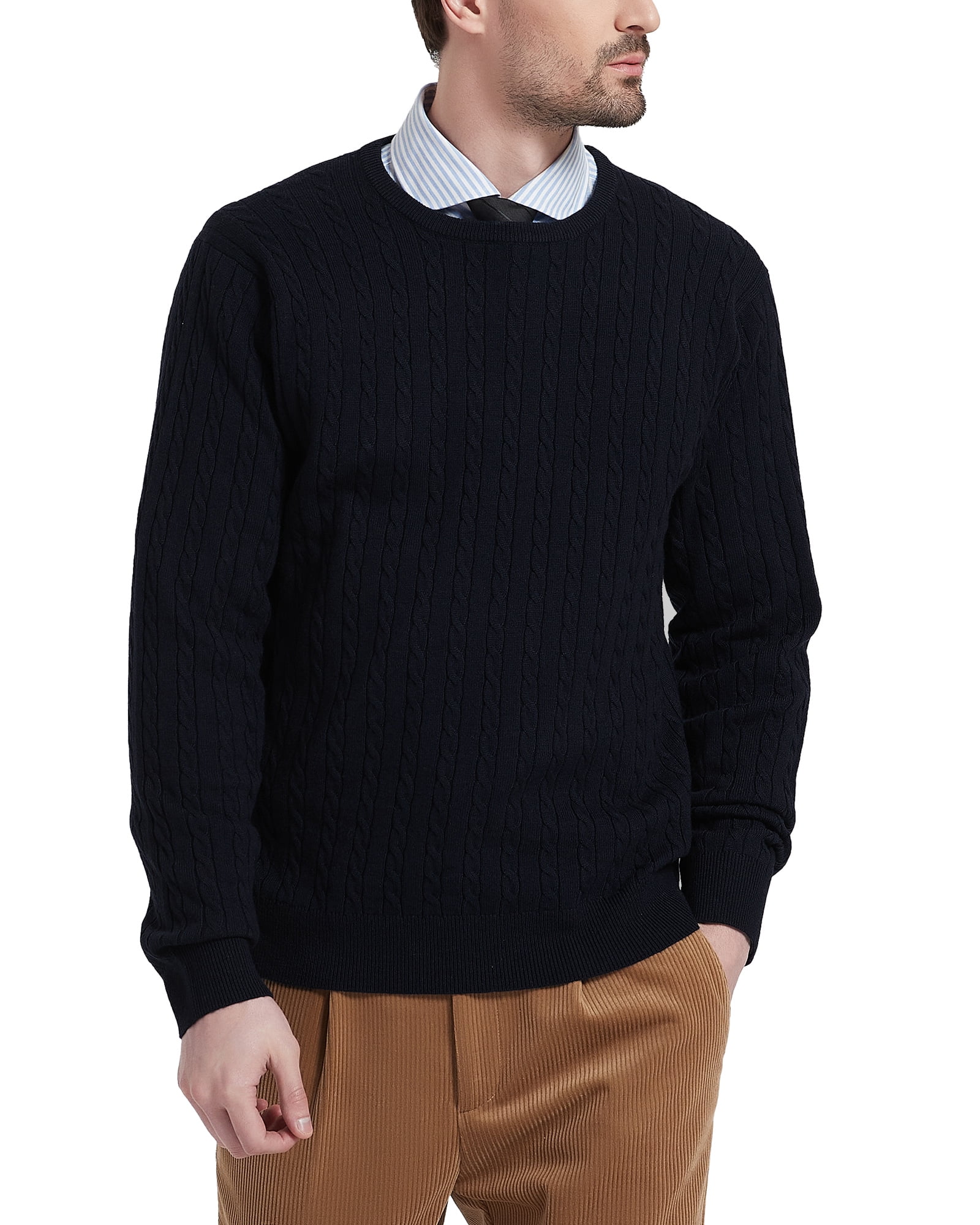 Kallspin Men’s Wool Blend Crew Neck CableKnit Pullover Sweaters(Black