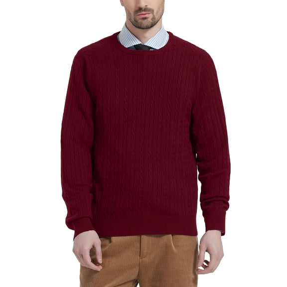 Kallspin Men’s Wool Blend Crew Neck Cable-Knit Pullover Sweaters(Burgundy, Large,Tall)