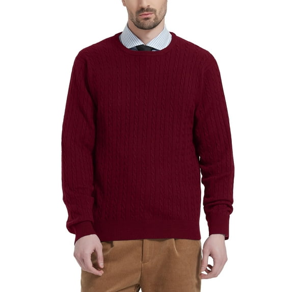 Kallspin Men’s Wool Blend Crew Neck Cable-Knit Pullover Sweaters (Burgundy, Small)
