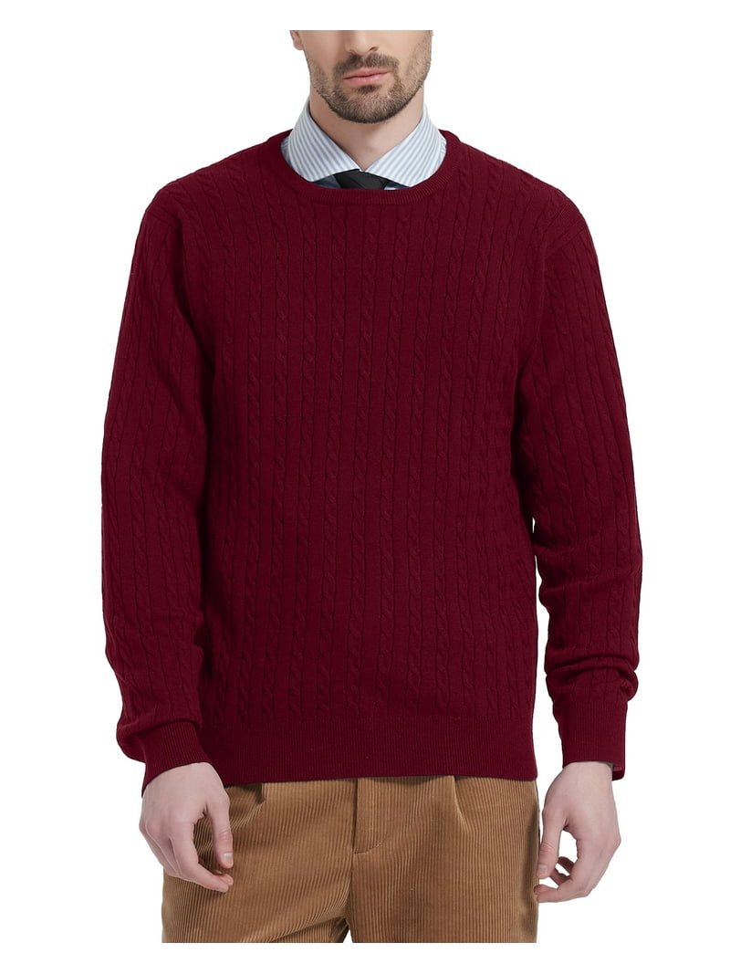 Kallspin Men's Wool Blend Crew Neck Cable-Knit Pullover Sweaters