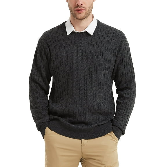 Kallspin Men’s Wool Blend Crew Neck Cable-Knit Pullover Sweaters(Charcoal, Large,Tall)
