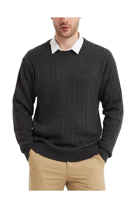Men’s Wool Blend Crew Neck Cable-Knit Pullover Sweaters (Charcoal, Small)