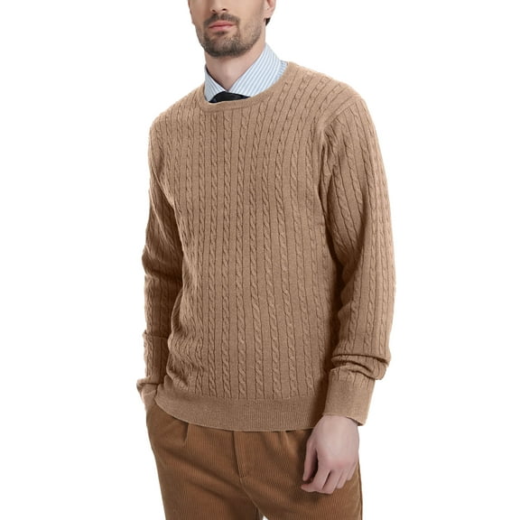 Kallspin Men’s Wool Blend Crew Neck Cable-Knit Pullover Sweaters (Coffee, 2X-Large)