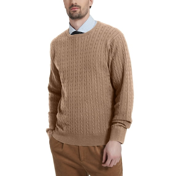 Kallspin Men’s Wool Blend Crew Neck Cable-Knit Pullover Sweaters(Coffee, X-Large,Tall)