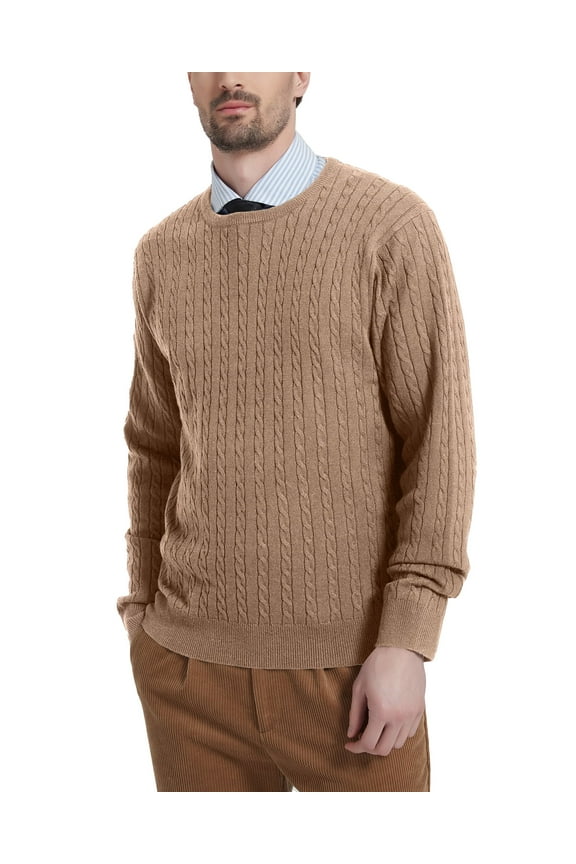 Men’s Wool Blend Crew Neck Cable-Knit Pullover Sweaters (Coffee, X-Large)