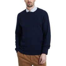 Kallspin Men’s Wool Blend Crew Neck Cable-Knit Pullover Sweaters (Navy Blue, Medium)