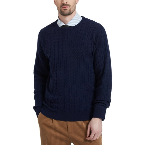Kallspin Men’s Wool Blend Crew Neck Cable-Knit Pullover Sweaters (Navy Blue, Small)