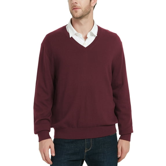 Kallspin Men’s Wool Blend Relaxed Fit V-Neck Long Sleeve Pullover Sweaters(Burgundy, 3X-Large,Tall)