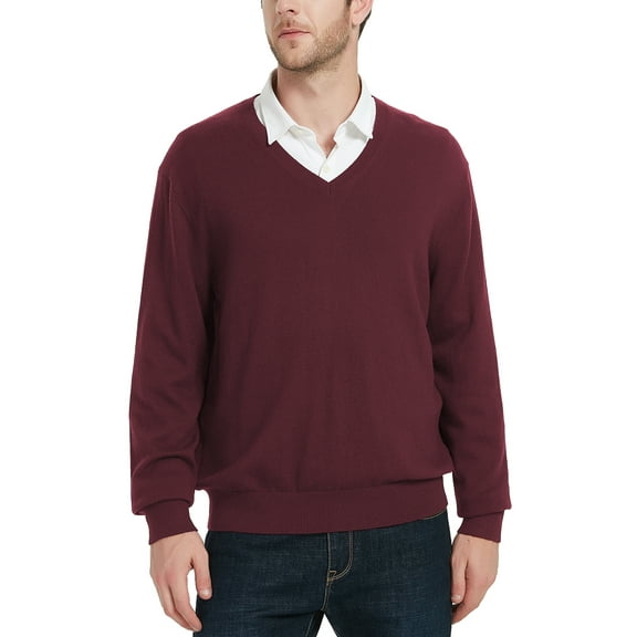 Kallspin Men’s Wool Blend Relaxed Fit V-Neck Long Sleeve Pullover Sweaters(Burgundy, Medium)