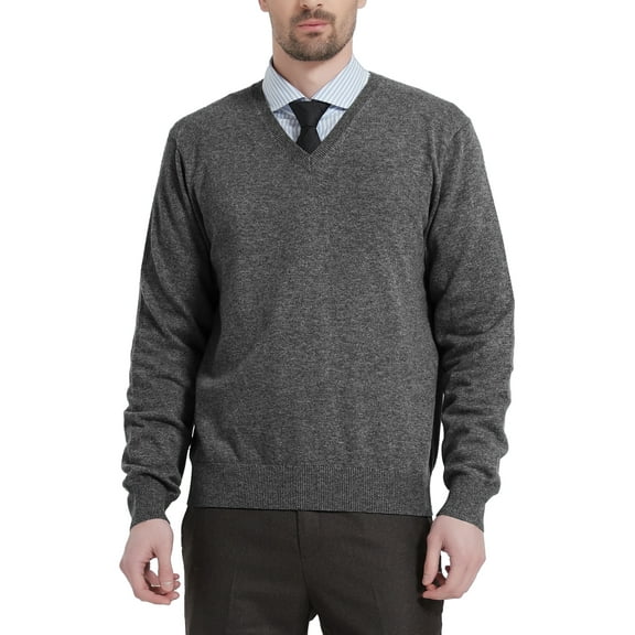 Kallspin Men’s Wool Blend Relaxed Fit V-Neck Long Sleeve Pullover Sweaters(Charcoal, Large)