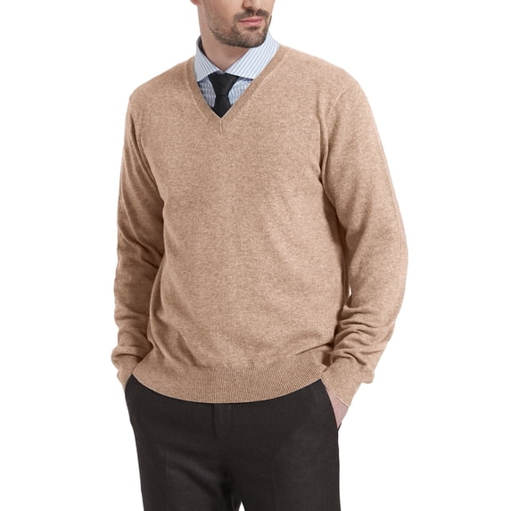 Kallspin Men’s Wool Blend Relaxed Fit V-Neck Long Sleeve Pullover Sweaters(Coffee, 3X-Large,Tall)