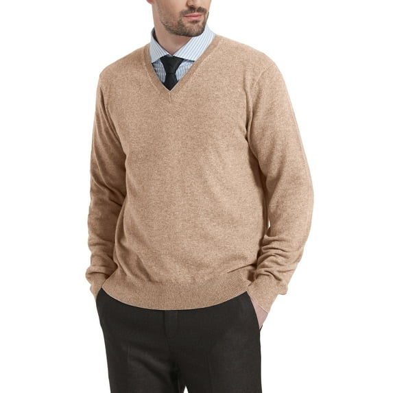 Kallspin Men’s Wool Blend Relaxed Fit V-Neck Long Sleeve Pullover Sweaters(Coffee, Large)