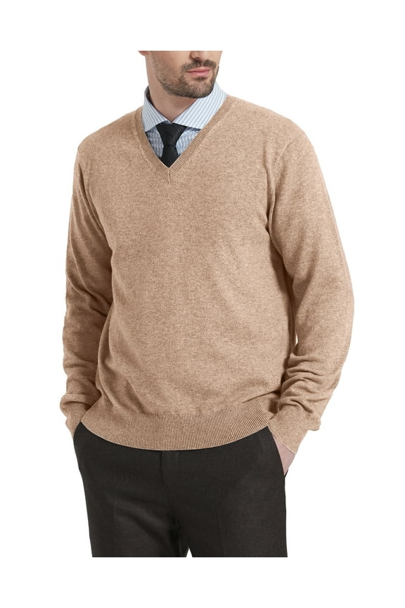 Men’s Wool Blend Relaxed Fit V-Neck Long Sleeve Pullover Sweaters(Coffee, Large)