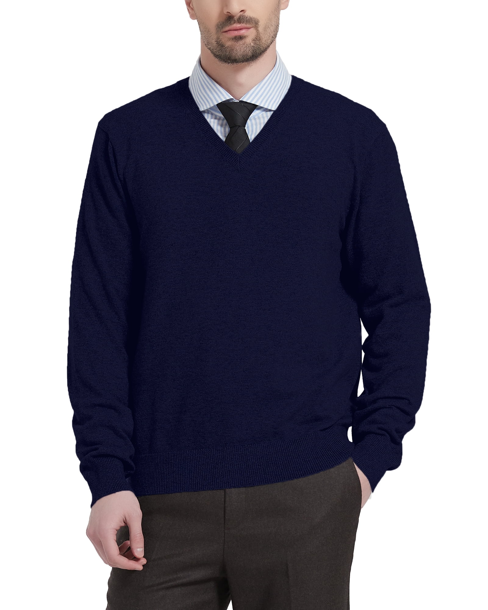 Men's Blue Round Neck Long Sleeves Cotton Pullover