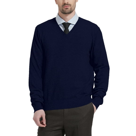 Kallspin Men’s Wool Blend Relaxed Fit V-Neck Long Sleeve Pullover Sweaters(Navy Blue, Large)