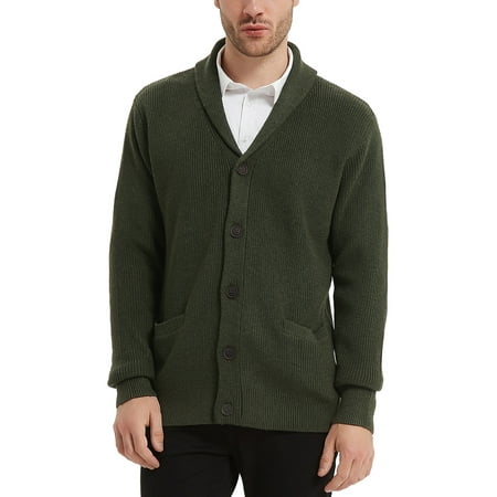 Kallspin Men's Wool Blend Shawl Collar Cardigan Sweater Button Down Knitwear with Pockets(Army Green,2X-Large)