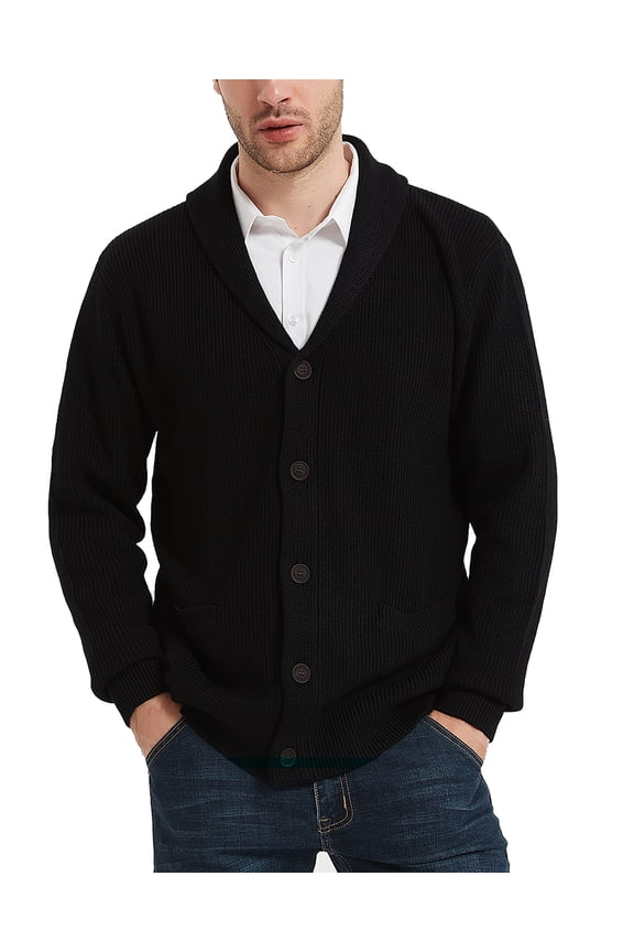 Men's Wool Blend Shawl Collar Cardigan Sweater Button Down Knitwear with Pockets(Black,Small)