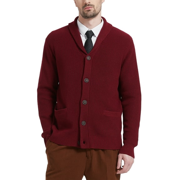 Kallspin Men's Wool Blend Shawl Collar Cardigan Sweater Button Down Knitwear with Pockets(Burgundy Red,2X-Large)