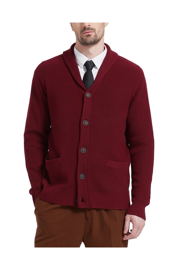 Men's Wool Blend Shawl Collar Cardigan Sweater Button Down Knitwear with Pockets(Burgundy Red,Medium)