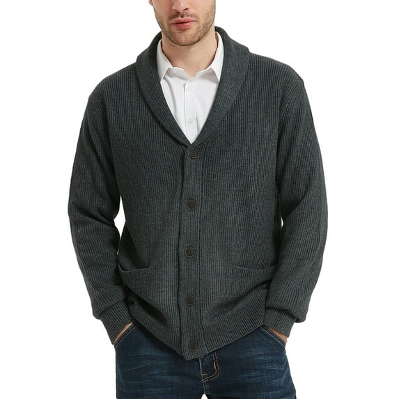 Kallspin Men's Wool Blend Shawl Collar Cardigan Sweater Button Down Knitwear with Pockets(Charcoal,X-Large)