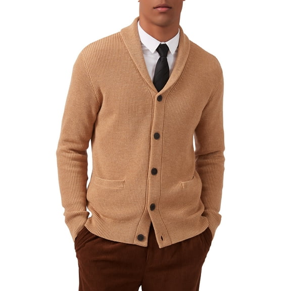 Kallspin Men's Wool Blend Shawl Collar Cardigan Sweater Button Down Knitwear with Pockets(Coffee,Medium)