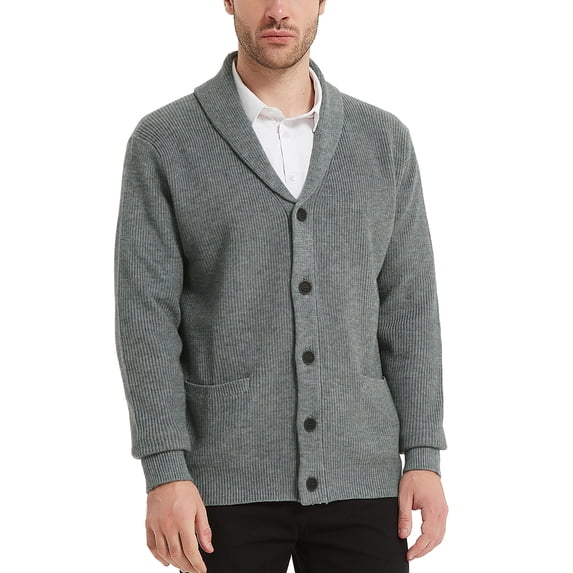 Kallspin Men's Wool Blend Shawl Collar Cardigan Sweater Button Down Knitwear with Pockets(Light Gray,Large)