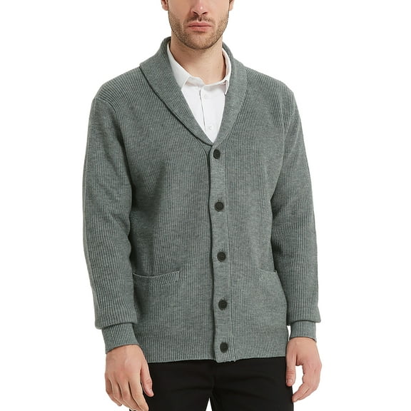 Kallspin Men's Wool Blend Shawl Collar Cardigan Sweater Button Down Knitwear with Pockets(Light Gray,Small)