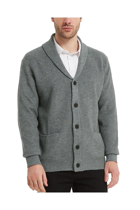 Men's Wool Blend Shawl Collar Cardigan Sweater Button Down Knitwear with Pockets(Light Gray,Small)