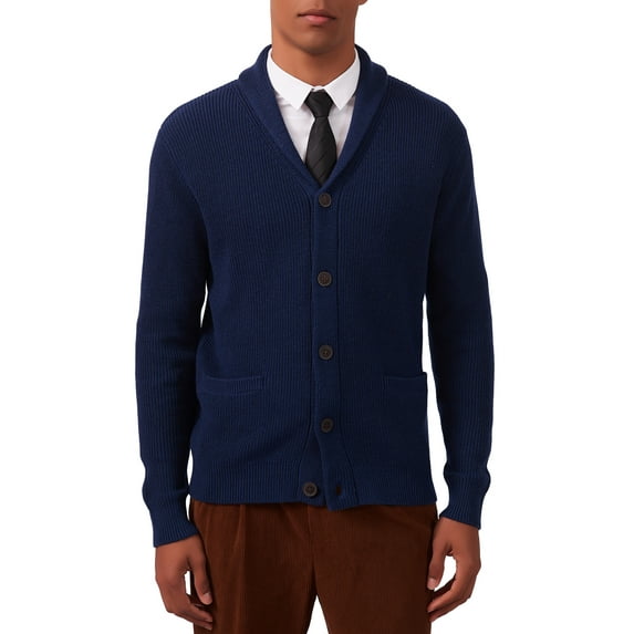 Kallspin Men's Wool Blend Shawl Collar Cardigan Sweater Button Down Knitwear with Pockets(Navy Blue,X-Large)