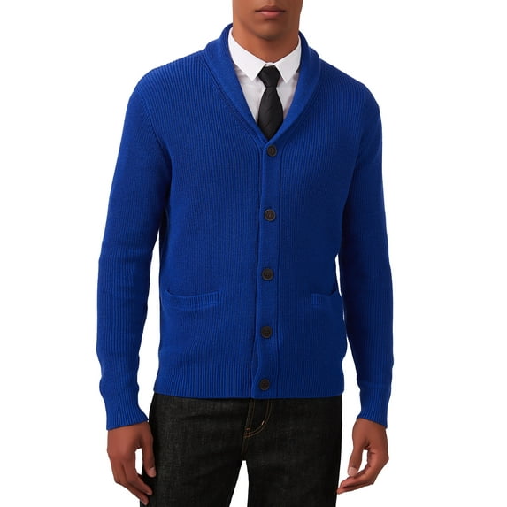 Kallspin Men's Wool Blend Shawl Collar Cardigan Sweater Button Down Knitwear with Pockets(Royal Blue,Large)