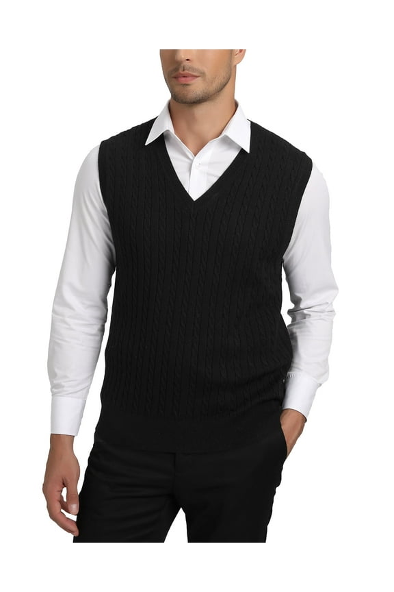 Men's Wool Blend Sweater Vest Cable Knit V Neck Knitted Sleeveless Pullover(Black,Large)