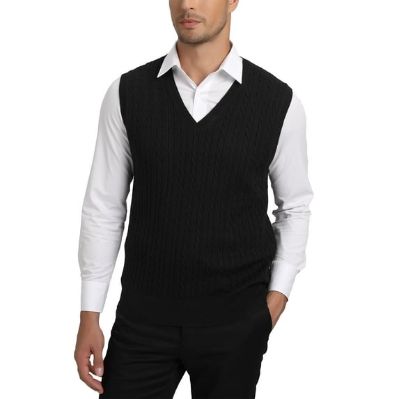 Kallspin Men's Wool Blend Sweater Vest Cable Knit V Neck Knitted Sleeveless Pullover(Black,Small)