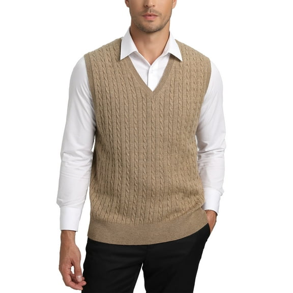Kallspin Men's Wool Blend Sweater Vest Cable Knit V Neck Knitted Sleeveless Pullover(Coffee,4X-Large)