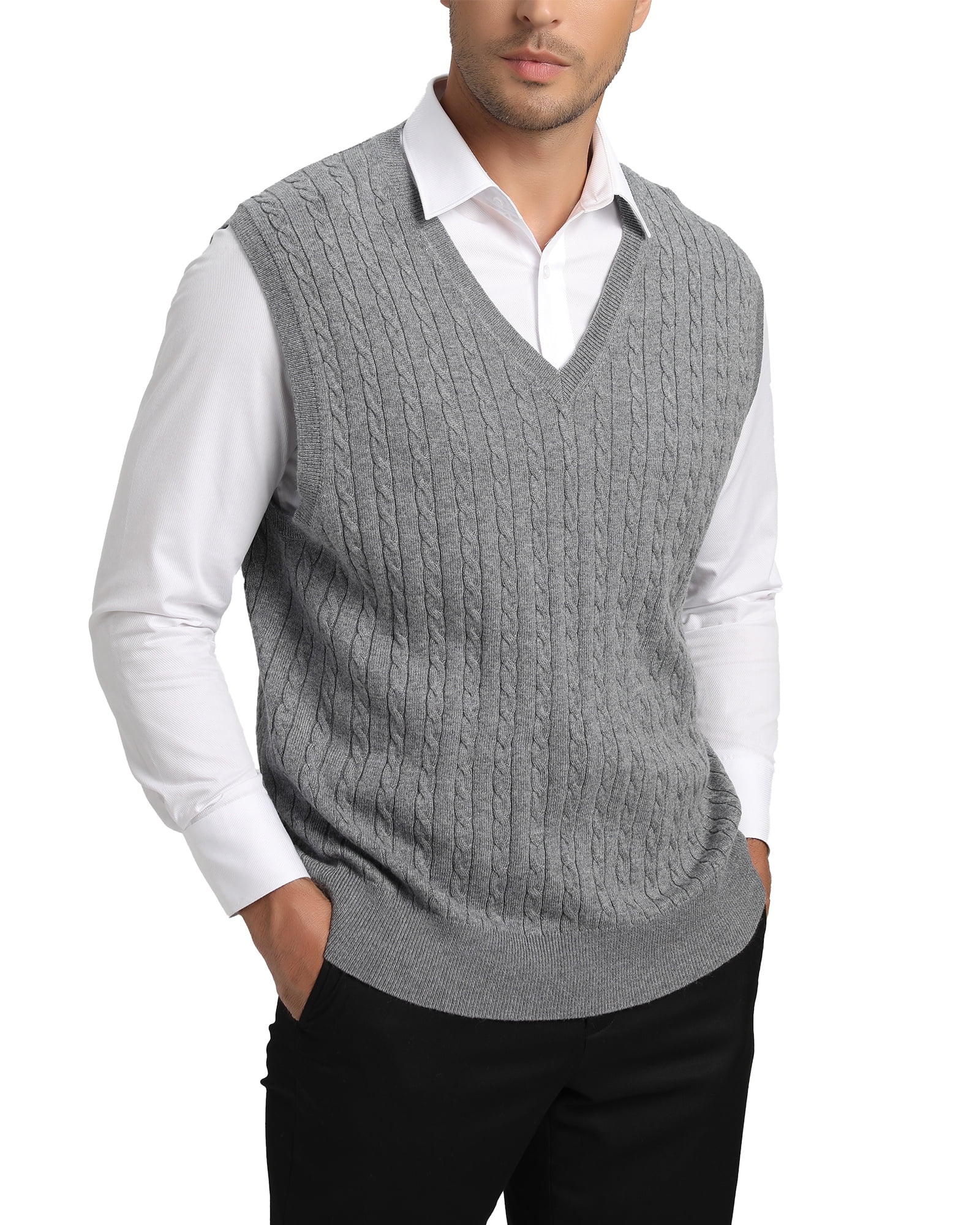 Kallspin Men's Wool Blend Sweater Vest Cable Knit V Neck Knitted ...