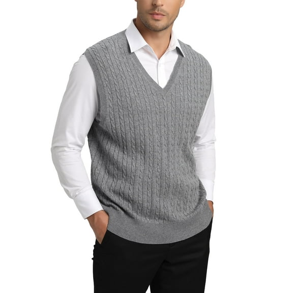 Kallspin Men's Wool Blend Sweater Vest Cable Knit V Neck Knitted Sleeveless Pullover(Light Gray,X-Large)