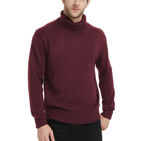 Kallspin Men’s Wool Blend Turtle Neck Midweight Pullover Sweaters(Burgundy Red,Medium)