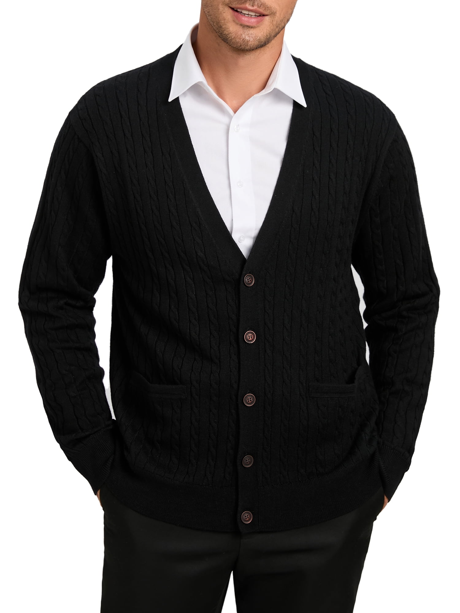 Kallspin Men’s Wool Blend VNeck CableKnit Cardigans Sweaters (Black