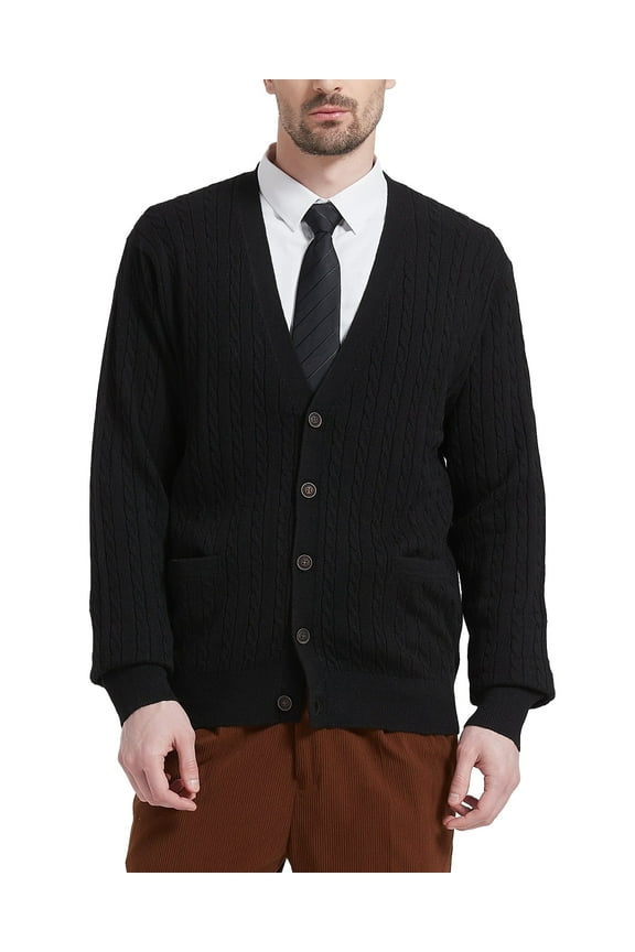 Men’s Wool Blend V-Neck Cable-Knit Cardigans Sweaters (Black, Small)