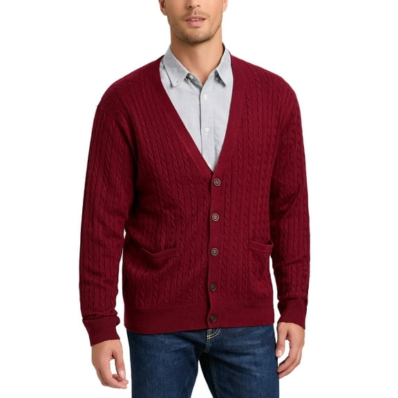 Kallspin Men's Wool Blend V-Neck Cable-Knit Cardigans Sweaters(Burgundy, 2X-Large,Tall)