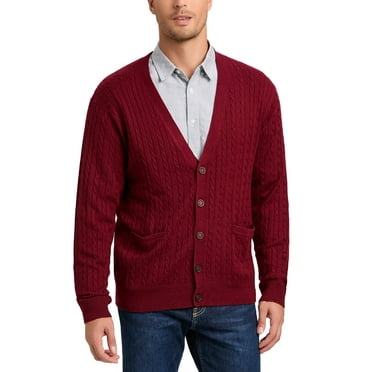 Kallspin Men’s Wool Blend V-Neck Cable-Knit Cardigans Sweaters (Burgundy, Small)